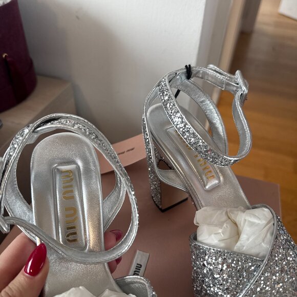 NWT Miu Miu Platform Ankle Strap Sandals Silver Glitter Crisscross Straps Sz 36 - Picture 7 of 11